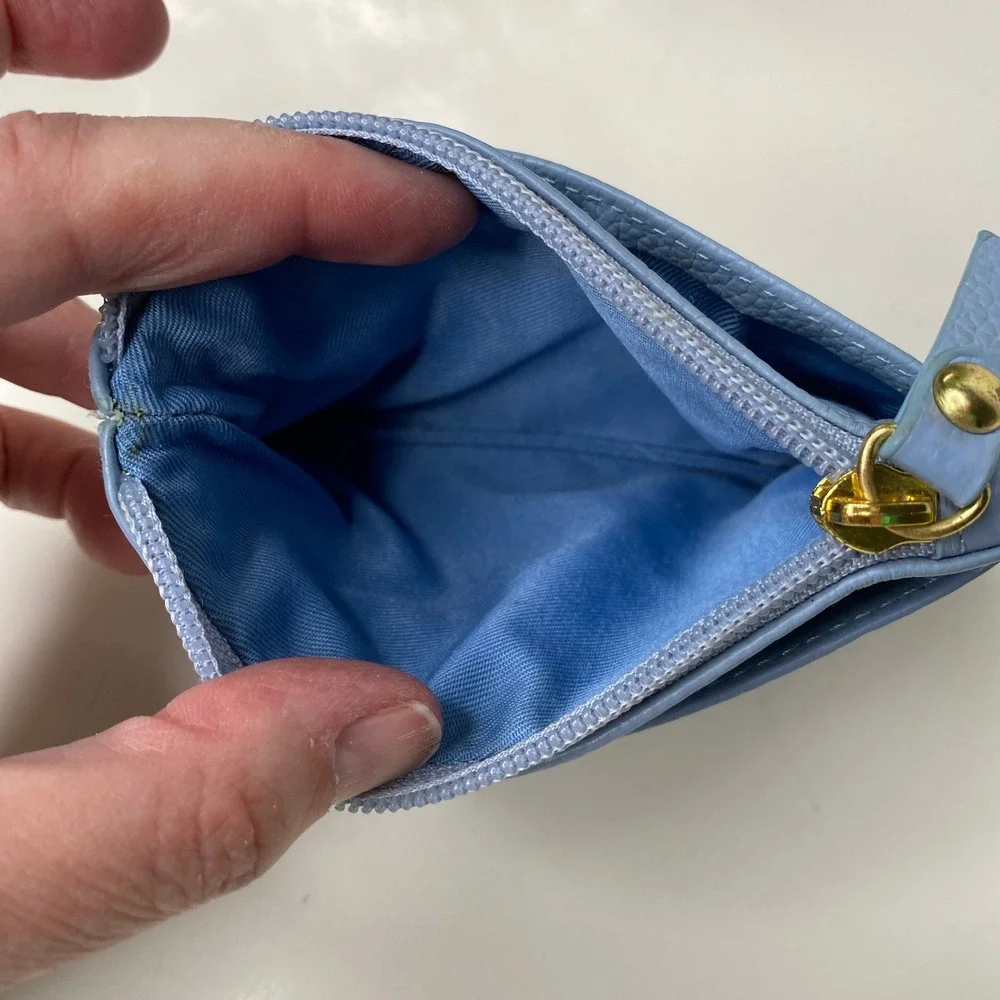 Lodis Blue Pebbled Leather Zip Card Case Coin Purse Wallet Gold Tone‎ Hardware